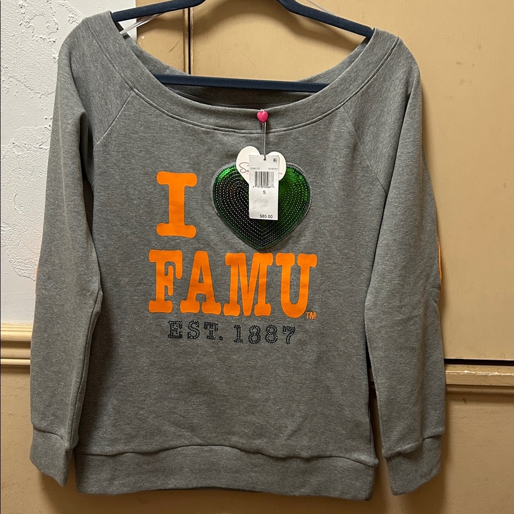 NWT Sacred Heart Collection Women “I Love FAMU" off-the-shoulder gray sweatshirt